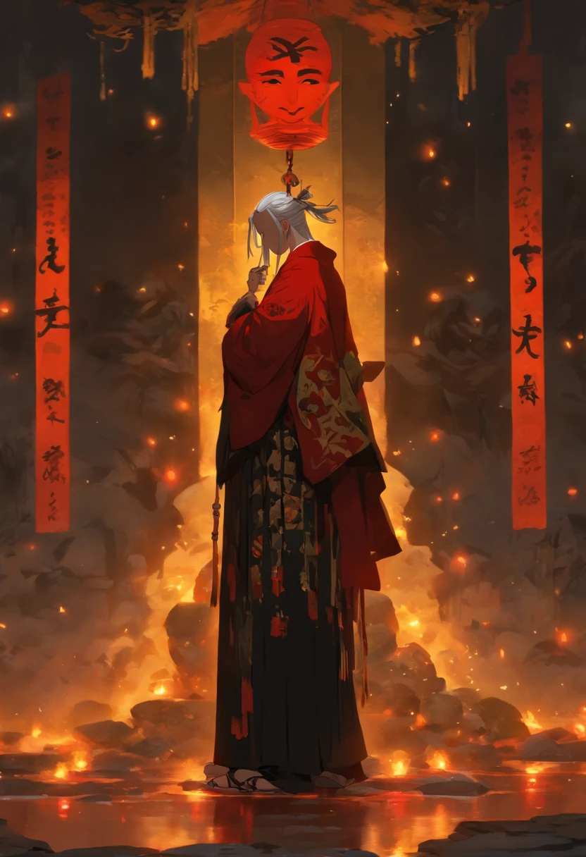 (8K、Best quality、tmasterpiece:1.2)、(Endless realism、フォトリアリスティック:1.37)、hyper-detailing,Full body lesbian,Male anime characters with rich details,(1 boy:1.2),Alone,(This is a scrawny old man：1.2),Komrosto Quartet,The bones of the arm are vaguely visible,Eighty-year-old man,forehead full of wrinkles,(Roman nose：1.1),white haired Cangcang,thick white eyebrows,(opening eyes,Black whites of the eyes),The skin is very white.(This is a cult leader：1.3),(White silk robe with gold trim)+(A red inverted cross pendant hangs around the neck),(Wearing a kimono with black cloud patterns under the robe：1.2).Underground chamber in the background,[scary meat punk style],(huge altar of flesh and blood：1.3),Place torches on the wall for lighting,(The gaps between the gravel bricks are covered with moss：1.2)+(Pentagram magic circle drawn with blood on the ground：1.2)