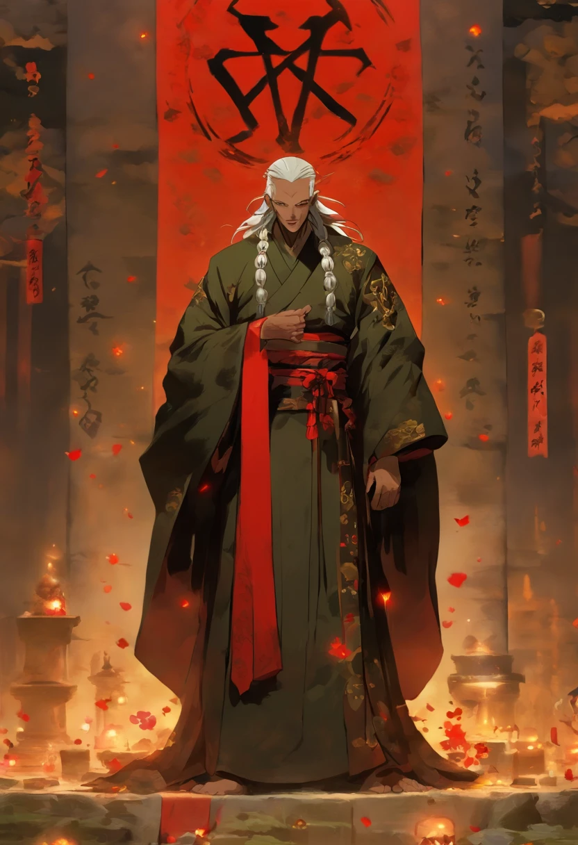 (8K、Best quality、tmasterpiece:1.2)、(Endless realism、フォトリアリスティック:1.37)、hyper-detailing,Full body lesbian,Male anime characters with rich details,(1 boy:1.2),Alone,(This is a scrawny old man：1.2),Komrosto Quartet,The bones of the arm are vaguely visible,Eighty-year-old man,forehead full of wrinkles,(Roman nose：1.1),white haired Cangcang,thick white eyebrows,(opening eyes,Black whites of the eyes),The skin is very white.(This is a cult leader：1.3),(White silk robe with gold trim)+(A red inverted cross pendant hangs around the neck),(Wearing a kimono with black cloud patterns under the robe：1.2).Underground chamber in the background,[scary meat punk style],(huge altar of flesh and blood：1.3),Place torches on the wall for lighting,(The gaps between the gravel bricks are covered with moss：1.2)+(Pentagram magic circle drawn with blood on the ground：1.2)