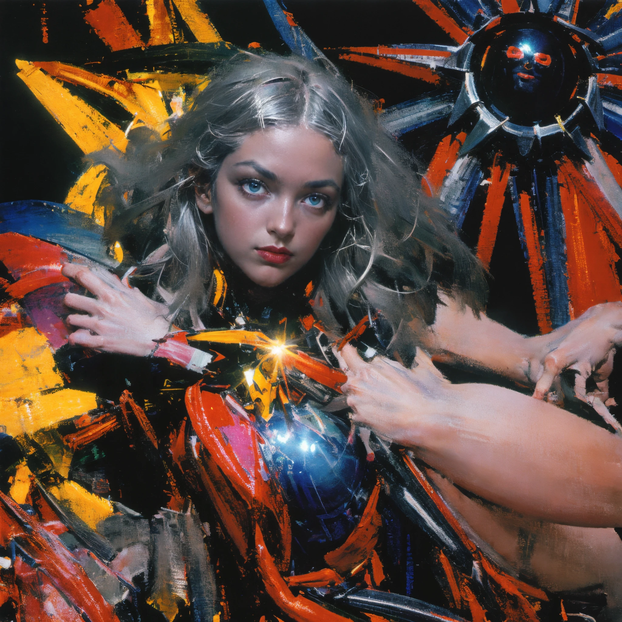 album art, metalic, aluminum emboss ten pointed star, sun and moon, metallic cosmos, deep red colors, silvers, red thread, neon colors, hyper pop, colorful, trippy, melty, psychedelic, y2k, symmetry, no text, image of a stick figure on stage with a spotlight shining down on it, astronmy,