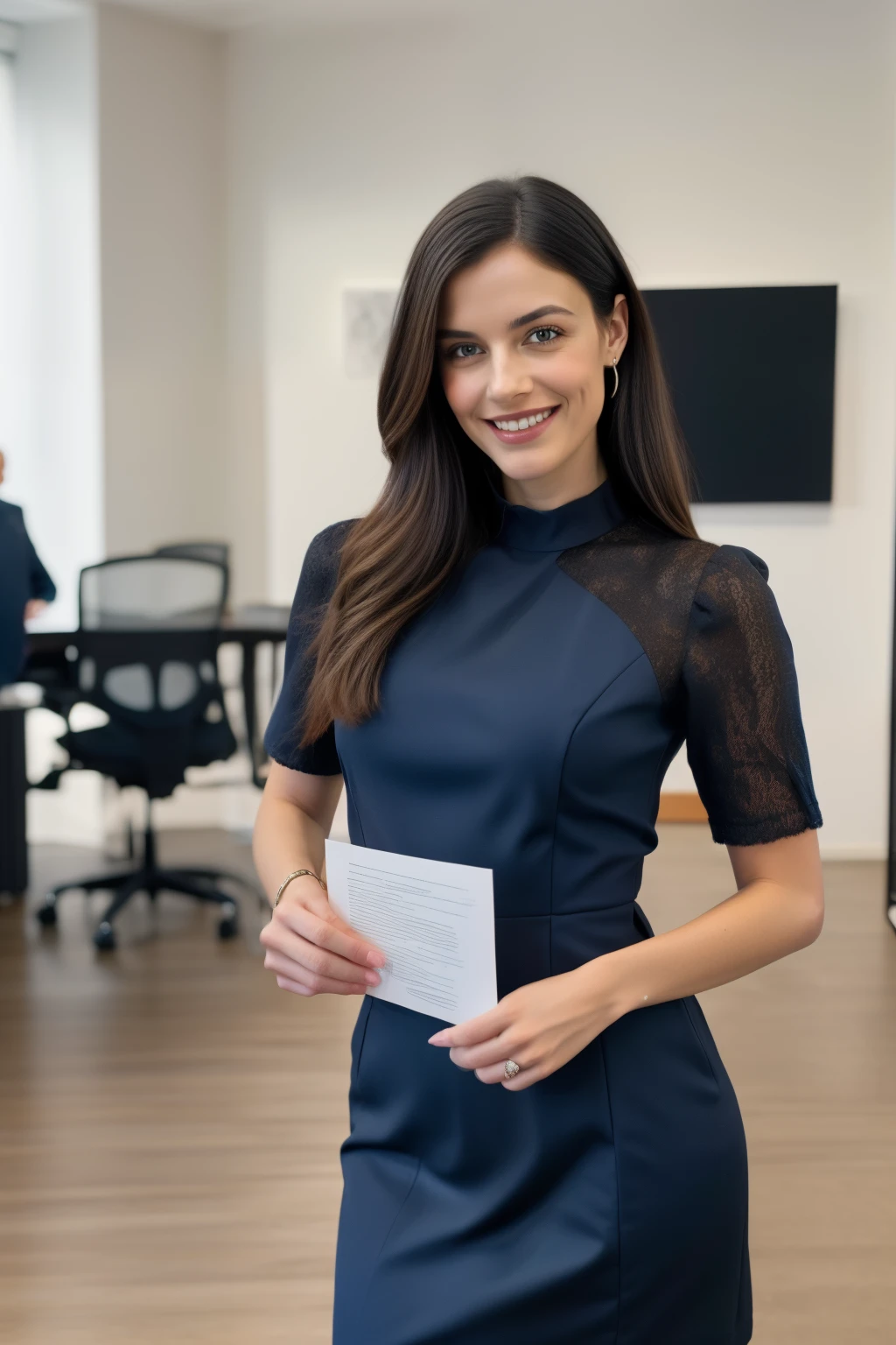 A professional photographic image of A beauty business woman standing in front of office holding paper, wearing a sophisticated dark casual dress, highlighting his expressive face and her elegance, highly detailed, elegant, pinterest, artstation, smooth, sharp focus, 8k, full shot, 105mm portrait lens, holding pen, (holding pen), film grain, Fujifilm XT3 photorealistic painting art by midjourney and greg rutkowski, upper body, in camera studio with 3 flash, soft lighting, masterpiece, (blue, black, brown color palette), (smilling), (smilling face), (perfect hands: 1.4), (standing), holding book