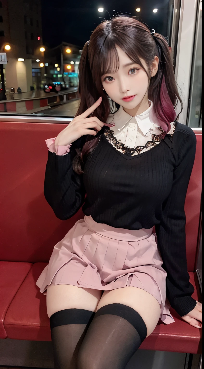 Korean Beauty，Sitting on the train，（（（tmasterpiece）））， （（best qualtiy））， （（intricate detailes））， （（Ultra-realistic realism））， Ridiculous resolution， A MILF， Mature Woman， ighly detailed， illustratio， 1girll，（（Large breasts））， perfect hand， Detailed finger， Beautiful detailed eyes， Lowered twin tails， Colored inner hair， Very long black hair, Very bright pink hair， with brown eye， Name badge， （ Korean style long sleeve dark pink ruffle lace up pleated skirt， Black knee-high socks:2.2），detailedbackground， perfect  eyes， mesmerizing eyes，Slightly open mouth, ((Ephemeral Girl:1.2))