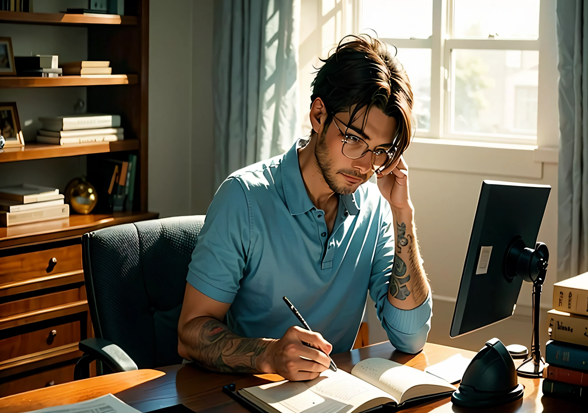 Um homem de meia-idade, veste uma camisa polo azul e jeans, is sitting at a desk in his home office. He is holding a notebook with a black cover and the title "Guia de Criptomoedas". The man has a concentrated expression on his face as he reads the notebook. The room is well lit by the natural light that comes in through the window.... The background of the room is a white wall with a bookshelf full of books about finance and technology...