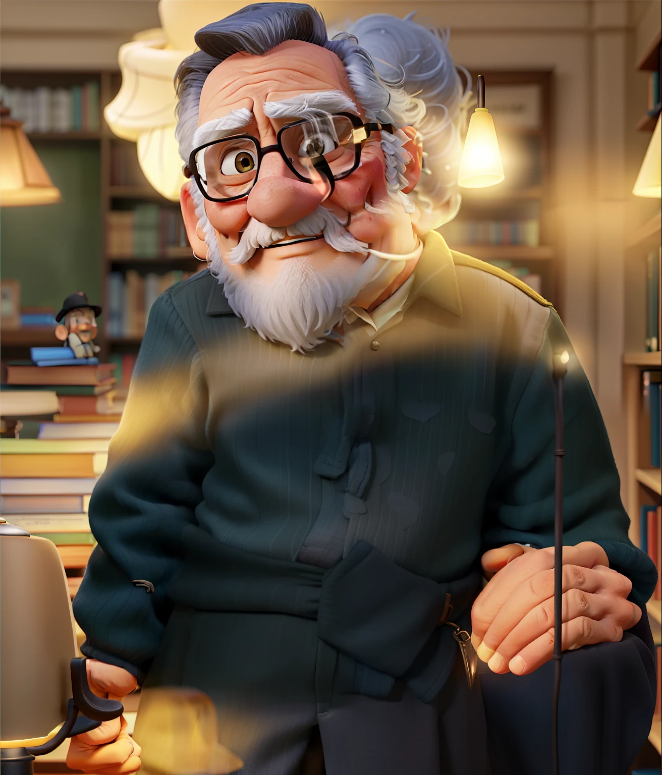 A wise old man standing in front, illuminated by the light of a lamp, against the backdrop of a library