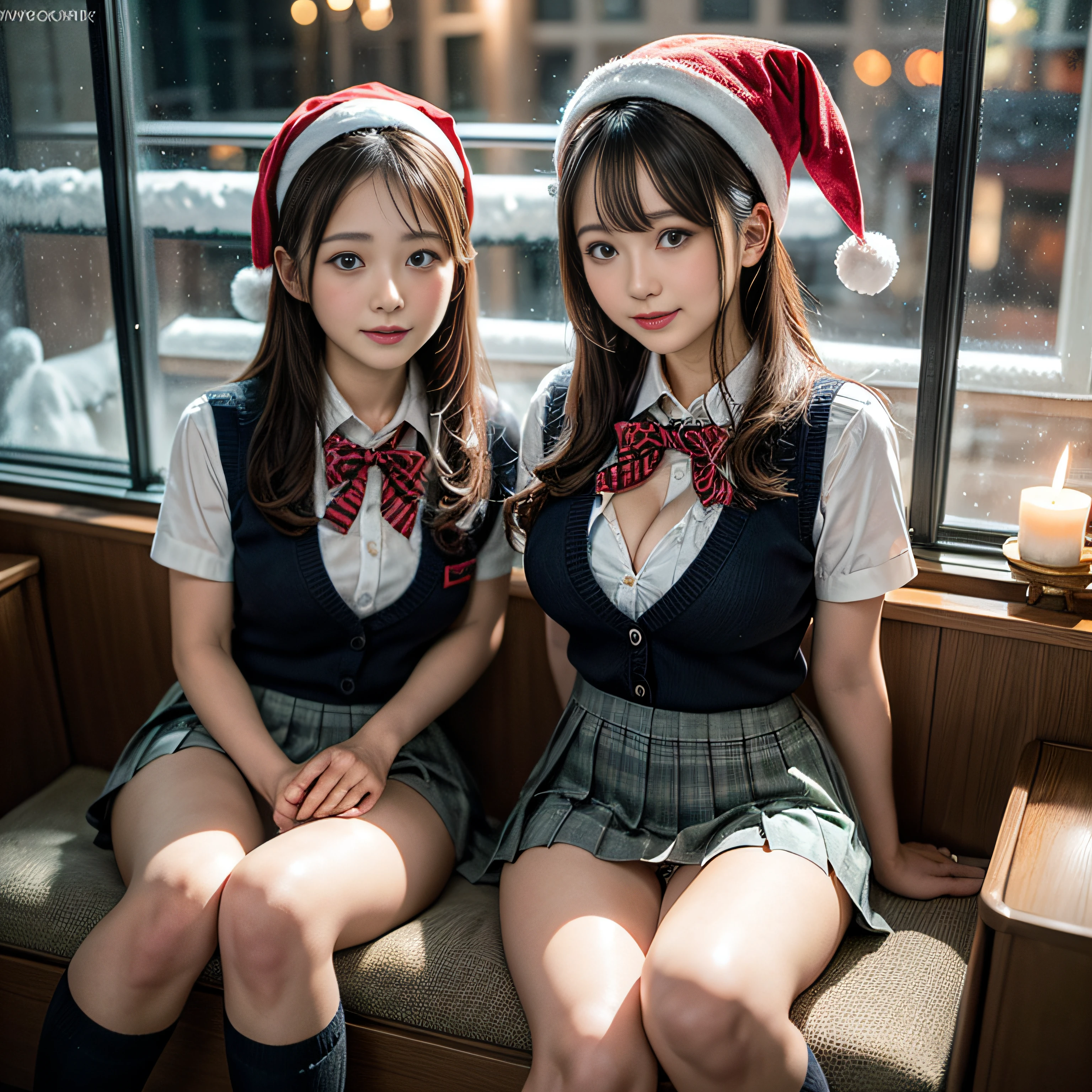 (2girls:1.5), (Extremely cute, Amazing face and eyes), Happy smile, Solo, Realistic, santa hat, Christmas, Long hair, (School uniform, Pleated skirt:1.6), (cleavage:1.4), (Beautiful breasts), (School uniform with open chest:1.3), fire, Christmas tree, Scenery, fireplace, window, parrot, The table, Indoors, Cityscape, Christmas Lights, Christmas Ornaments, building, Night, Chair, city, carpet, apples, rug, City lights, Yuki, stuffed toy, drapes, candle, gift box, stuffed animal, Snow, cup, PILLOWS, (Sitting, Legs wide open, Panties:1.2), musical instrument, Skyscraper, skyporn, Teddy Bear, cushion, (Best Quality:1.4), photographrealistic, RAW Photos, professional photograpy, focus on girl, Red and green color scheme, Dazzling light,