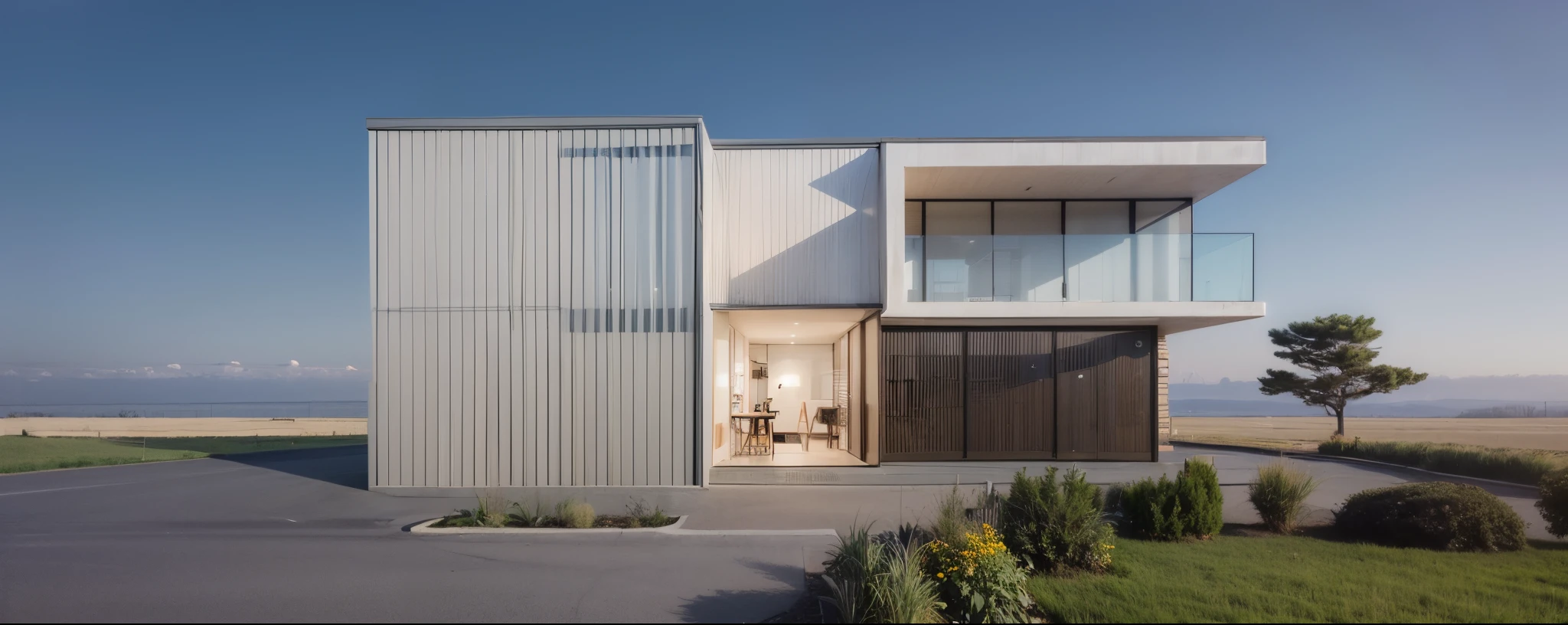 (((tmasterpiece))),((Best quality at best)),Award-winning architectural exterior design,building exterior,coffee shop,commercial coffee shop,cafe shop,glass,cementitious , aluminium,Asphalt pavement,grassy fields, Ray traching, The content is very detailed,hyper realisitc,Hyper Real