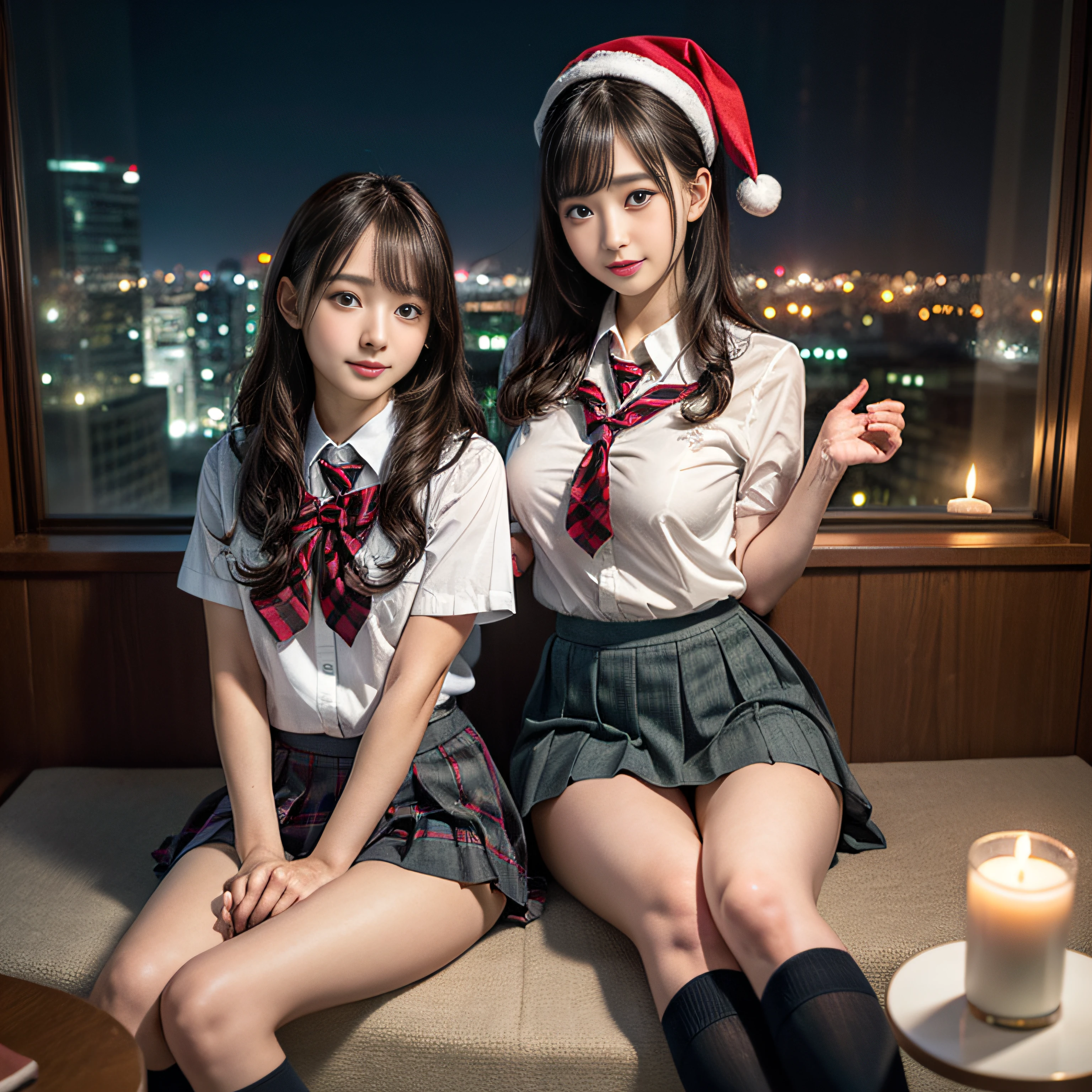 (2girls:1.5), (Extremely cute, Amazing face and eyes), Happy smile, Solo, Realistic, santa hat, Christmas, Long hair, (School uniform, Pleated skirt:1.6), (cleavage:1.4), (Beautiful breasts), (School uniform with open chest:1.3), fire, Christmas tree, Scenery, fireplace, window, parrot, The table, Indoors, Cityscape, Christmas Lights, Christmas Ornaments, building, Night, Chair, city, carpet, apples, rug, City lights, Yuki, stuffed toy, drapes, candle, gift box, stuffed animal, Snow, cup, PILLOWS, (Sitting, Legs wide open, Panties:1.2), musical instrument, Skyscraper, skyporn, Teddy Bear, cushion, (Best Quality:1.4), photographrealistic, RAW Photos, professional photograpy, focus on girl, Red and green color scheme, Dazzling light,