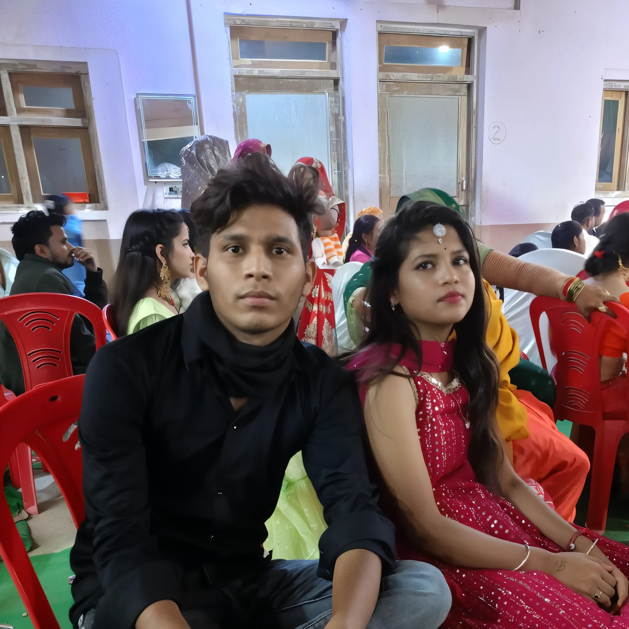 there are two people sitting in red chairs in a room, lovely couple, candid picture, very very low quality picture, photo taken in 2 0 2 0, male and female, couple, profile picture, couple pose, profile pic, very artistic pose, candid photograph, happy couple, background is heavenly, people enjoying the show, taken with the best dlsr camera