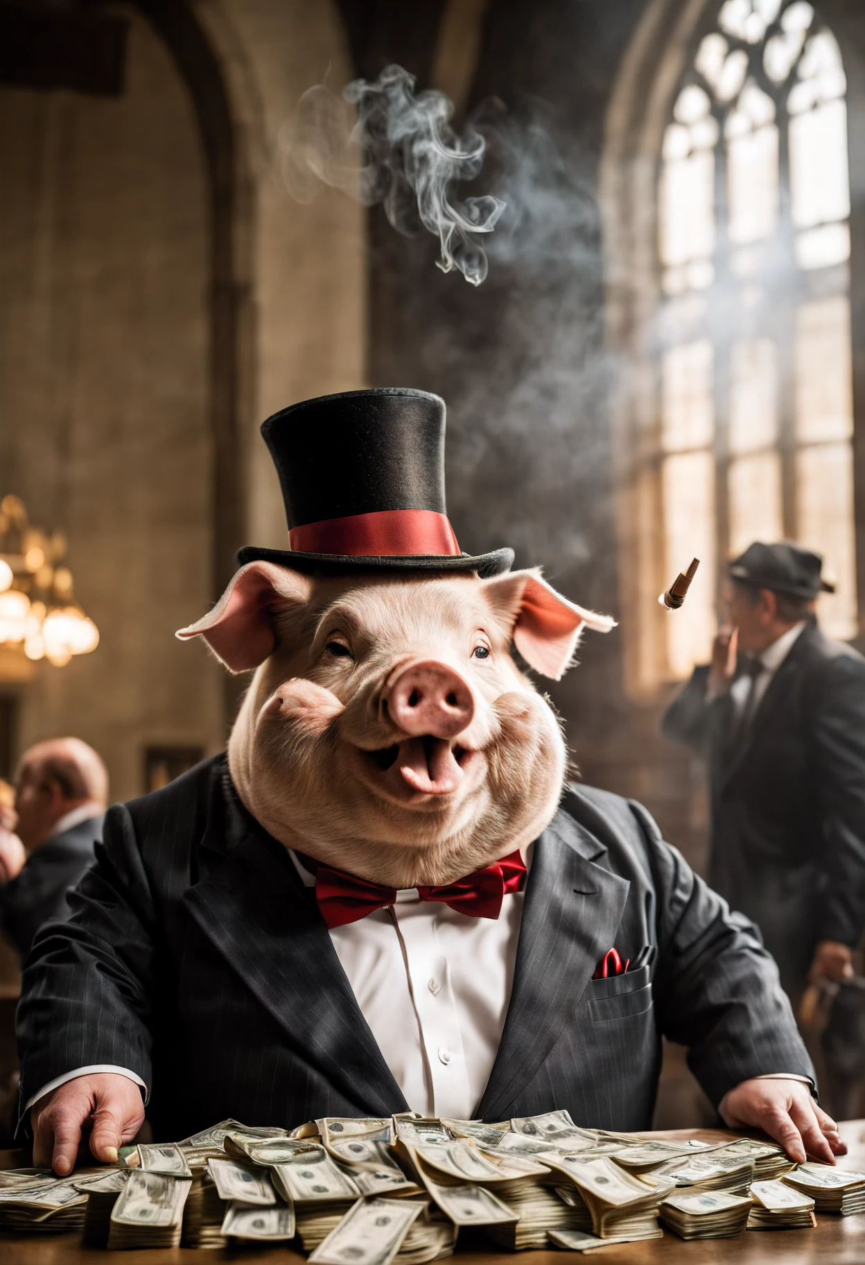 cinematic photo (a close up view of an anthropomorphic obese pig dressed with a executive suit :1.2), pork in a church, banker hat custom,( smoking cigarretes:1.6), laughing out loud, drinking alcohol, flying notes, (obese pig head face banker dressed in suit counting tall piles of dollars notes in a huge table:1.4), , national geographic, first prize fotograph contest, awarded, epic, dramatic light, cold and warm blending colors palette, (ray of sunlight raytracing:0.2), isometric view, corporative photo . 35mm photograph, film, bokeh, professional, 4k, highly detailed