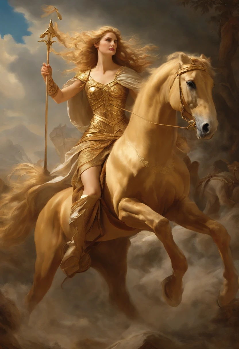 A tapestry of Helen of Troy riding a majestic steed, dressed in armor and holding a spear, leading a cavalry charge into battle.,The Iliad,In Greek mythology, Helen of Troy is depicted as the epitome of female beauty and allure. She is typically represented as a woman of great elegance, often with long, flowing hair – usually blonde or golden as per ancient Greek aesthetics. Her eyes are often described as captivating, and her face, perfect and serene. As the most beautiful woman in the world, her countenance is one of grace and magnetism, often depicted adorned in fine clothing and jewellery, fitting her royal status., female