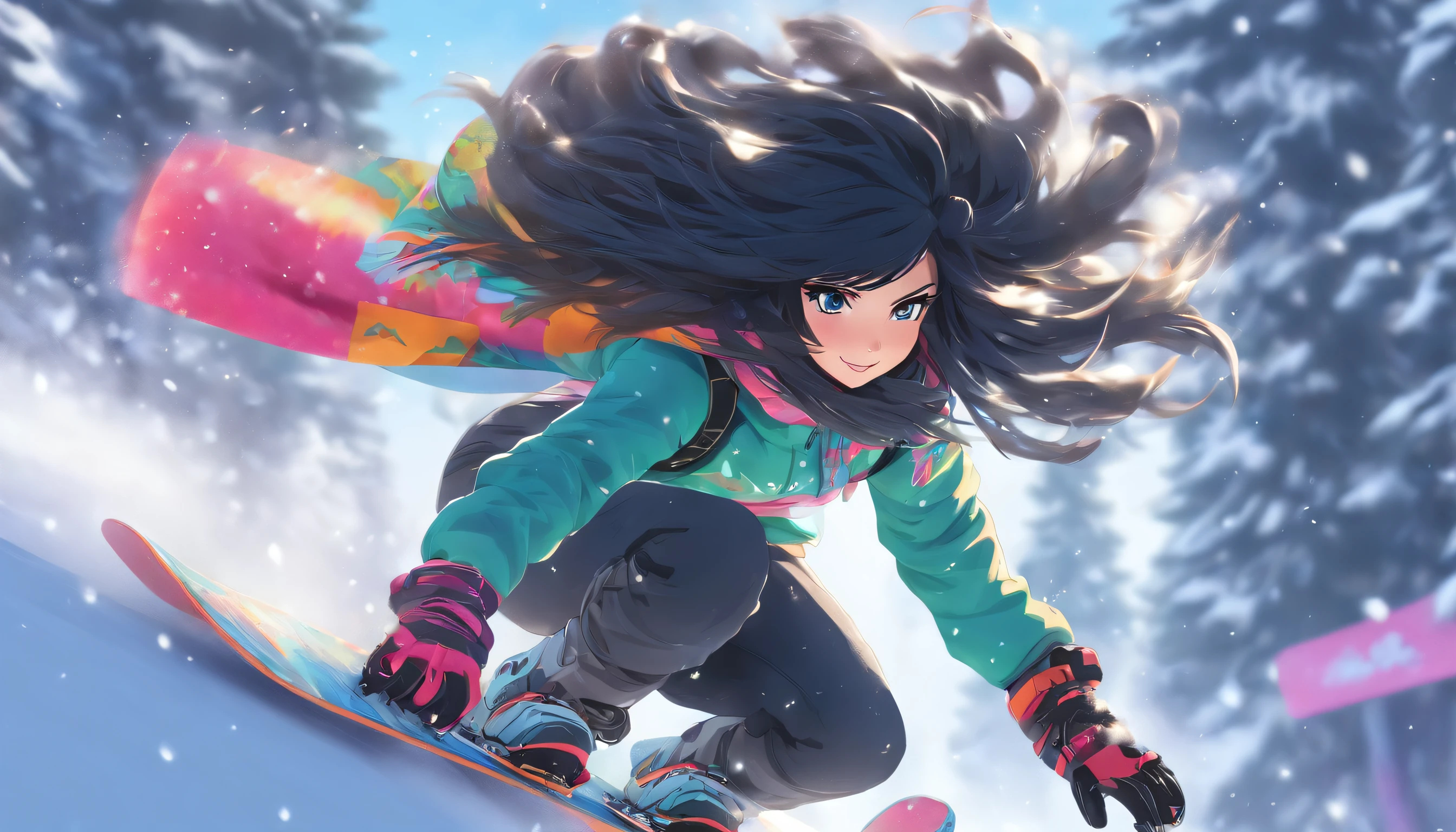 A beautiful girl with long black hair runs down a snowy slope on a snowboard.、masutepiece、best composition、Photorealsitic