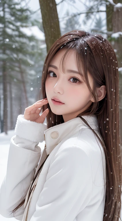 1womanl, (up of face:1.5), light brown hair, Blunt bangs, hair behind ear, hair over shoulder, Long hair, slender body shape, Ultra Fine Face, Thin face, Well-formed lips,(beautidful eyes:1.5), thin blush, eyes are light brown,View here, Ultra-thin hands, Ultra-fine fingers, best ratio four finger and one thumb, (realisitic:1.3), white longcoat, muffler , gloves、Coniferous forest with heavy snowfall, It's snowing  .One-person viewpoint,  8K, masutepiece, nffsw, Super Detail, High quality, Best Quality, hight resolution,