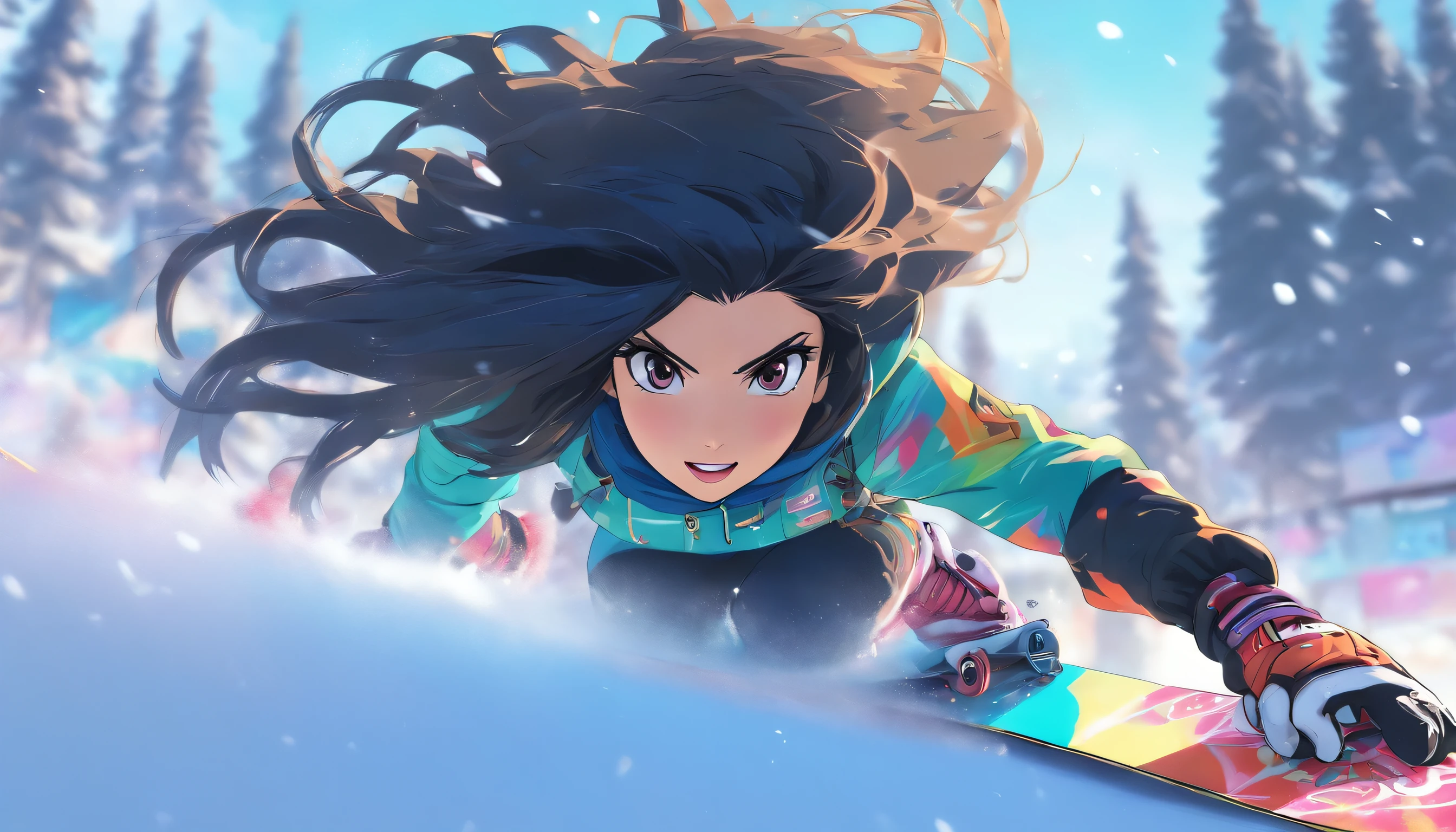 A beautiful girl with long black hair runs down a snowy slope on a snowboard.、masutepiece、best composition、Photorealsitic