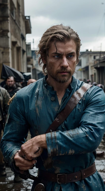 (Masterpiece, quality), ((1man, masculine body, blonde messy hair, blue eyes, glowing eye, royal, stubbled facial hair, emotionless, tired, eyebags, ruined clothes, battle, blood, blood on clothes, holding a sword sheathe, sword on sheathe)), military commander clothes, ww1 style clothing, blue-white colored uniform, killing a person, war, battle, rainy, muddy, people at war, people shooting at each other, following the protagonist, outside, fighting, explosion