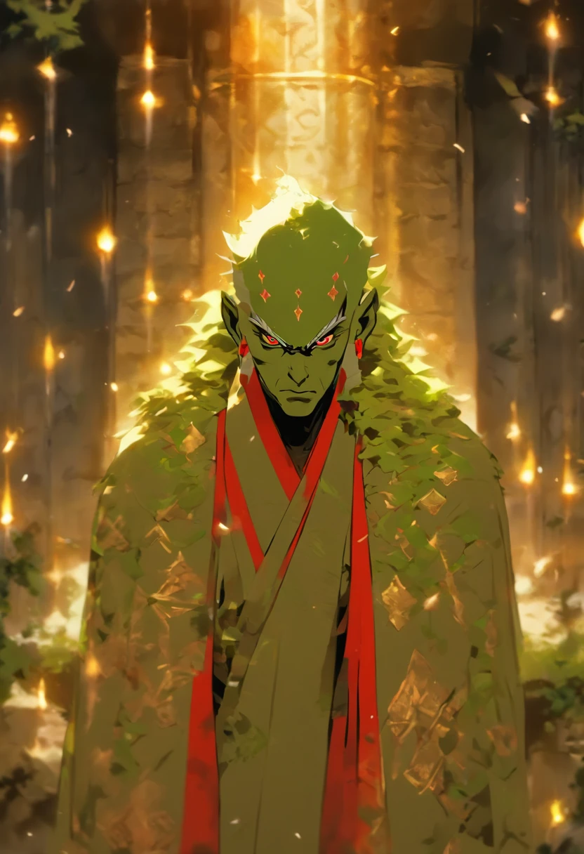 (8K、Best quality、tmasterpiece:1.2)、(Endless realism、フォトリアリスティック:1.37)、hyper-detailing,Full body lesbian,high detal,(/Facial features：1.3/),Detailed male anime character,(1 boy:1.2),Alone,(This is a scrawny old man：1.2),Komrosto Quartet,The bones of the arm are vaguely visible,Eighty-year-old man,forehead full of wrinkles,(Roman nose：1.1),white haired Cangcang,thick white eyebrows,(opening eyes),Black eyes,The skin is very white.(This is a cult leader：1.3),(White silk robe with gold trim)+(A red inverted cross pendant hangs around the neck),(Wearing a black moire kimono under the robe：1.2).Underground chamber in the background,[scary meat punk style],(huge altar of flesh and blood：1.3),Place torches on the wall for lighting,(The gaps between the gravel bricks are covered with moss：1.2)+(Pentagram magic circle drawn with blood on the ground：1.2)