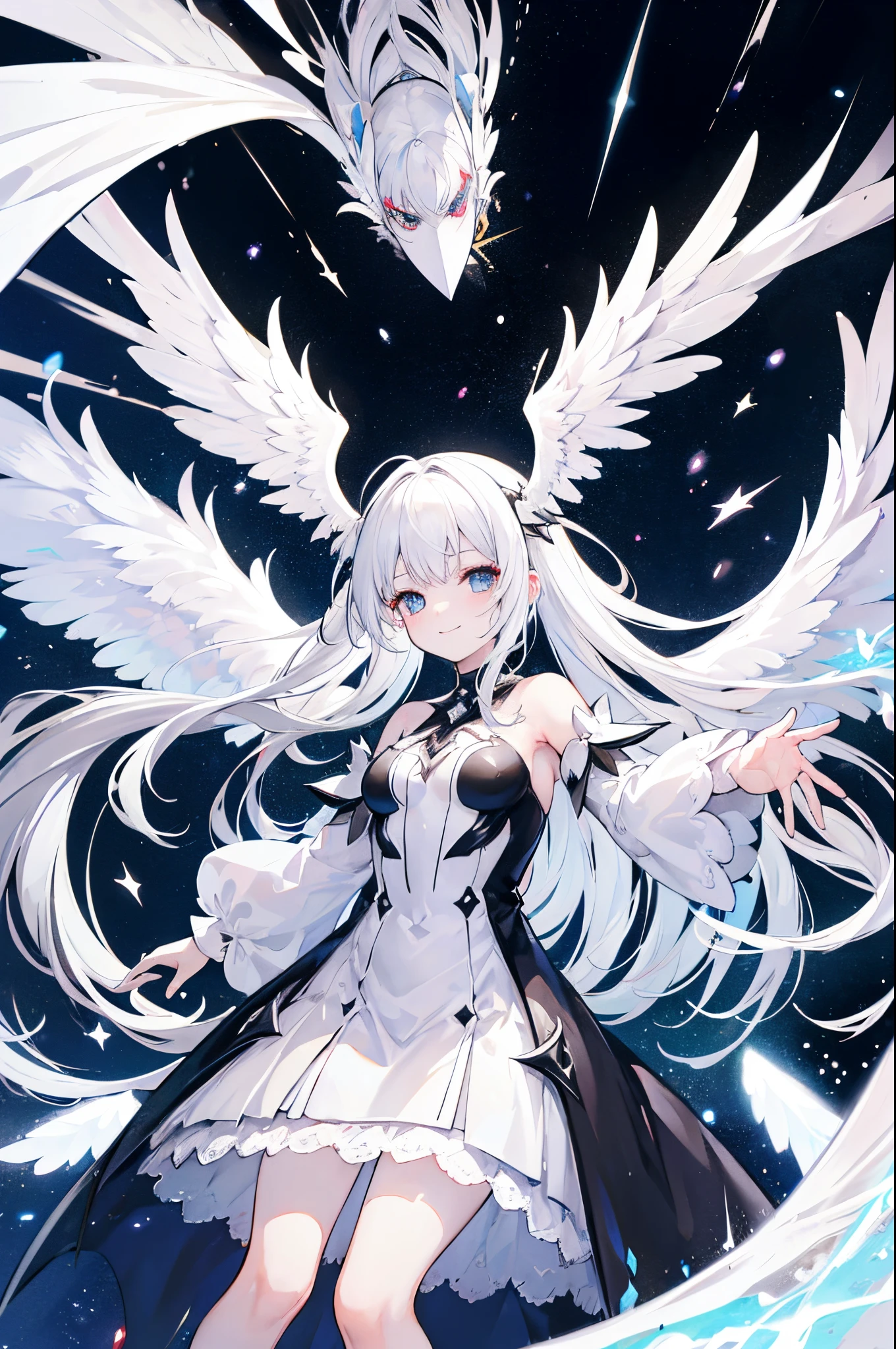 white hair woman, wings of heaven, Heterochromia, The Flash, smiling, look up to, Black and white dress, cosmic background, Raise your arms up, high resolusion, ultra-sharp, 8K, masterpiece