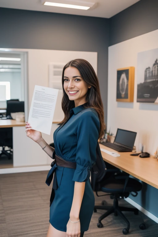 A professional photographic image of A beauty business woman standing in front of office, wearing a sophisticated dark casual dress, looking directly at the camera, highlighting his expressive face and her elegance, highly detailed, elegant, pinterest, artstation, smooth, sharp focus, 8k, full shot, 105mm portrait lens, holding pen, (holding pen), film grain, Fujifilm XT3 photorealistic painting art by midjourney and greg rutkowski, upper body, in camera studio with 3 flash, soft lighting, masterpiece, (blue, black, brown color palette), (smilling), (smilling face), (perfect hands: 1.4), (standing), candid pose holding paper looking above, not looking at camera, hands bring paper, ((paper document))