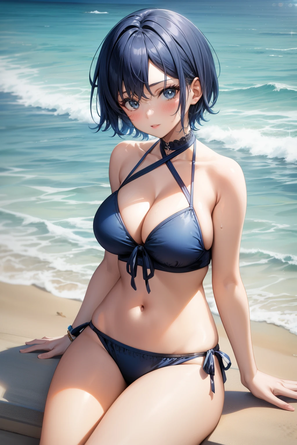 Cute girl on the beach, Swimwear, ???????????, Blue hair, short hair, Sitting on the beach, Water is running underneath