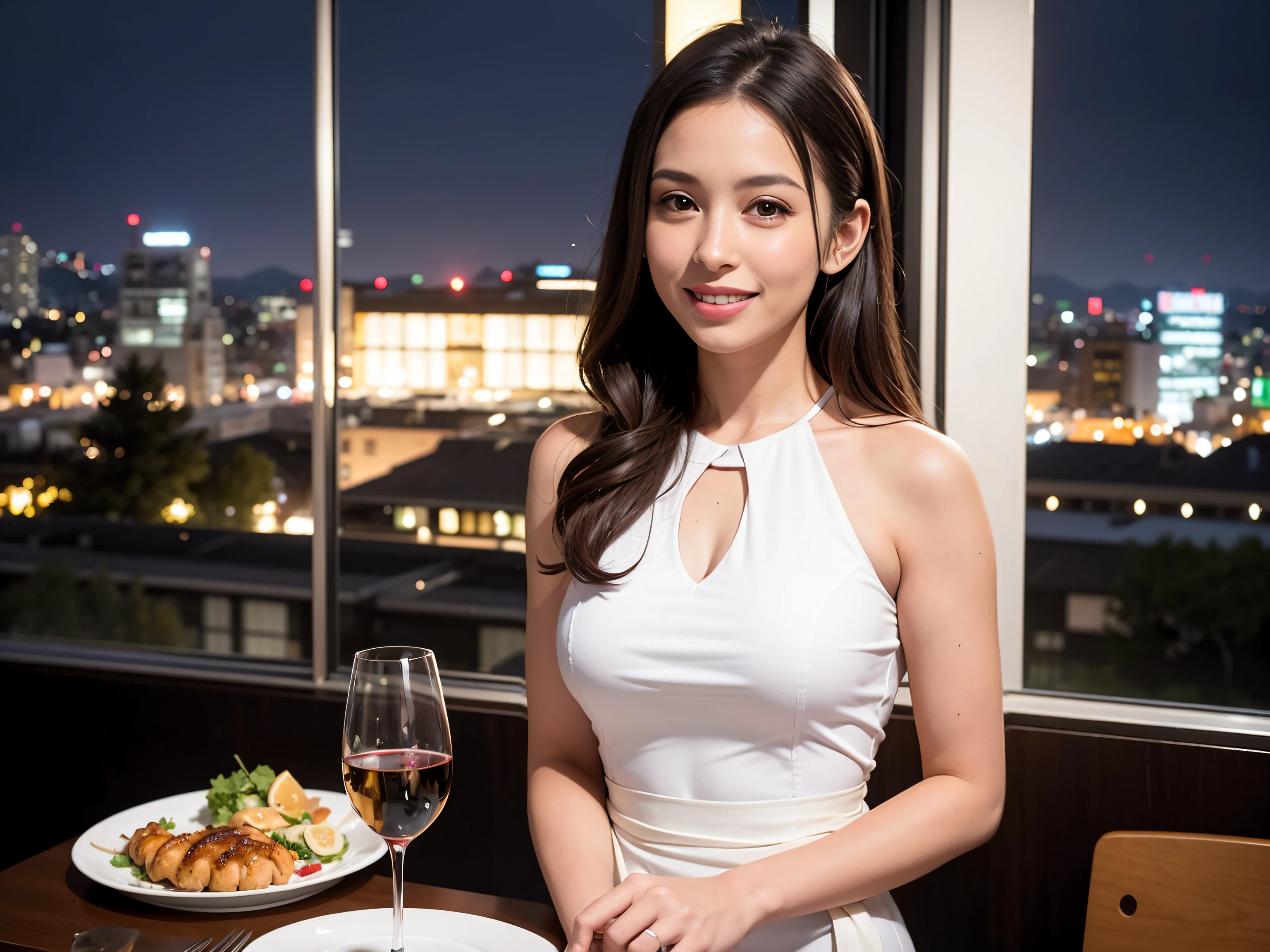 (64K, UHD, top quality, masterpiece: 1.2), (realistic, photorealistic: 1.37), super detailed, pretty woman 1 person, (slim face), (slim body), (brown hair), (short cut), cheeks slightly blushing, (35 years old), 38 years old, solo, beautiful detailed urban night view outside the window, restaurant, wine glasses sit, at night, in a prominent place (from the waist up) NovaFrogStyle, Actress, Model, Waist Up, White Wine, Slim, Wine Glass, Super Clean Night View, Wine Glass Put in the Middle, Happy Smile, (Smile: 1.15), Beautiful Fine Eyes, Upper Body, Bust Japan Up, Night, Short, Short, Actress, Model, Waist Up, White Wine, Slim, Wine Glass, Super Clean Night View, Wine Glass Put in the Middle, Happy Smile,