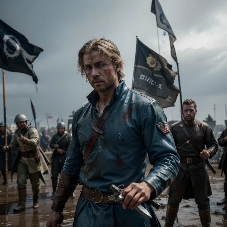 (Masterpiece, quality), ((1man, masculine body, blonde messy hair, blue eyes, glowing eye, royal, stubbled facial hair, emotionless, tired, eyebags, ruined clothes, battle, blood, blood on clothes, holding a sword sheathe, sword on sheathe)), military commander clothes, ww1 style clothing, blue-white colored uniform, killing a person, war, battle, rainy, muddy, people at war, people shooting at each other, following the protagonist, outside, fighting, explosion, crownian flag, flag waving at background