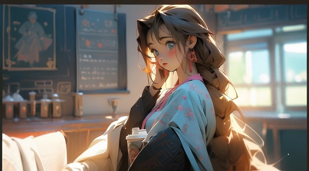 beautiful anime woman 3d 4k animation studying in a room writing a notebook ,sentado de lada numa cadeira com mesa ,and a cup of coffee on the table with coffee steam coming out ,with an anime poster on the children's wall'office kawaii style pastel colors )chuva na janela(melhor qualidade),