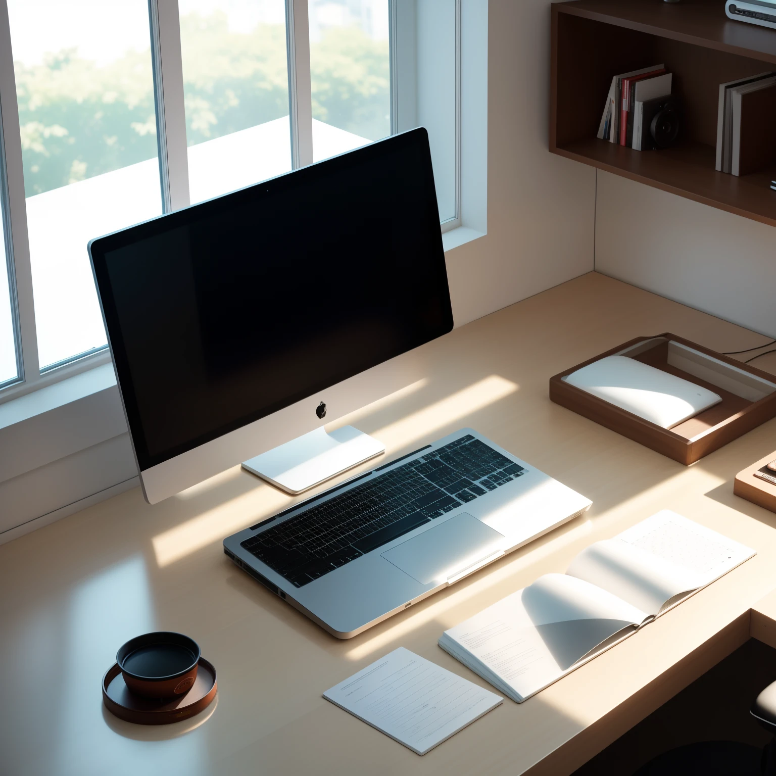 90-degree viewing angle,Luxurious work desk,nerds,Computer,Gentle lighting,Outside the window,Listen to music,Kizi,Back Shadow,Leica lens,photorealestic