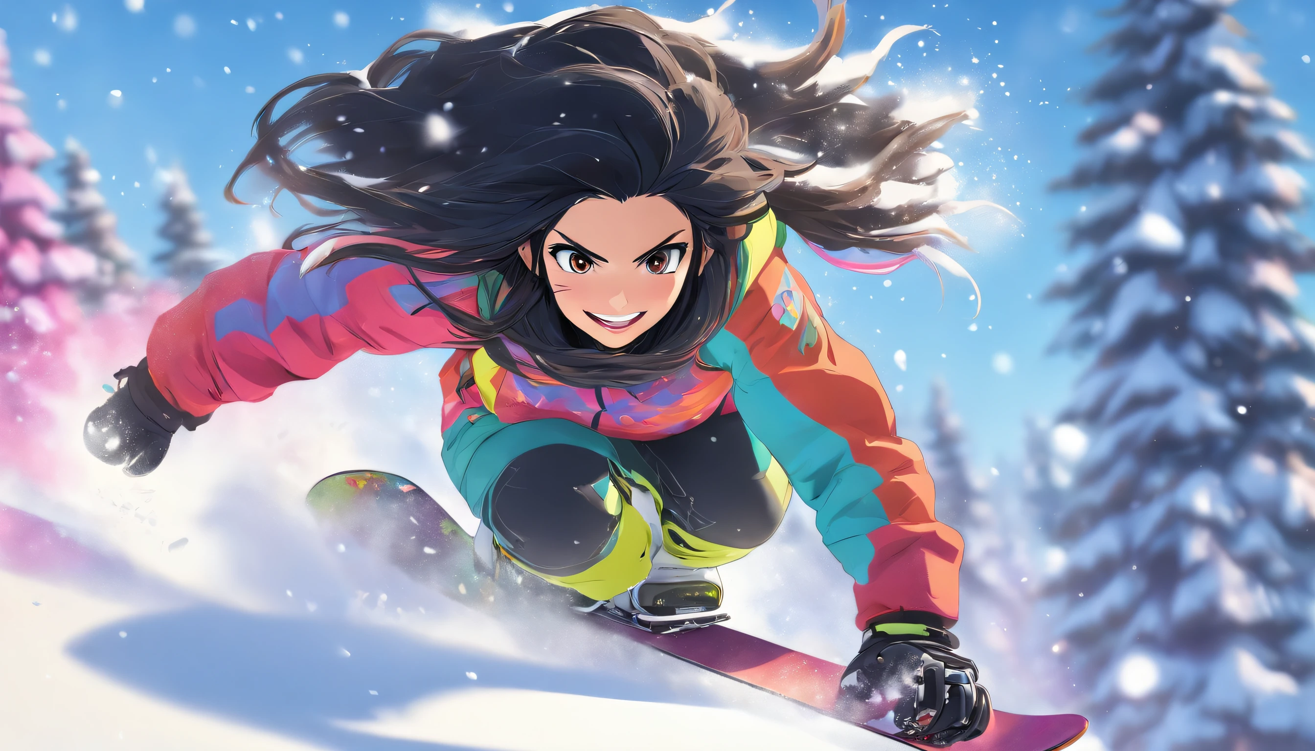 A beautiful girl with long black hair runs down a snowy slope on a snowboard.、masutepiece、best composition、Photorealsitic