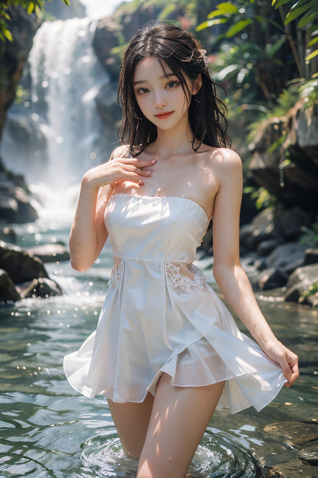(best quality, masterpiece:1.2), ultra-detailed, picturesque girl, youth model, sweet girl's clothing, strapless dress, jewellery, swimming under the waterfall, swimming in the river, wet all over, 3D rendering, vibrant colors, physically-based rendering, slender figure, long legs, radiant smile.