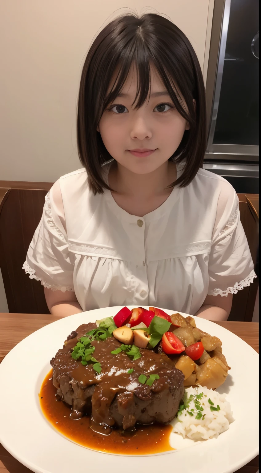 very large salisbury steak、girl with、Eat deliciously