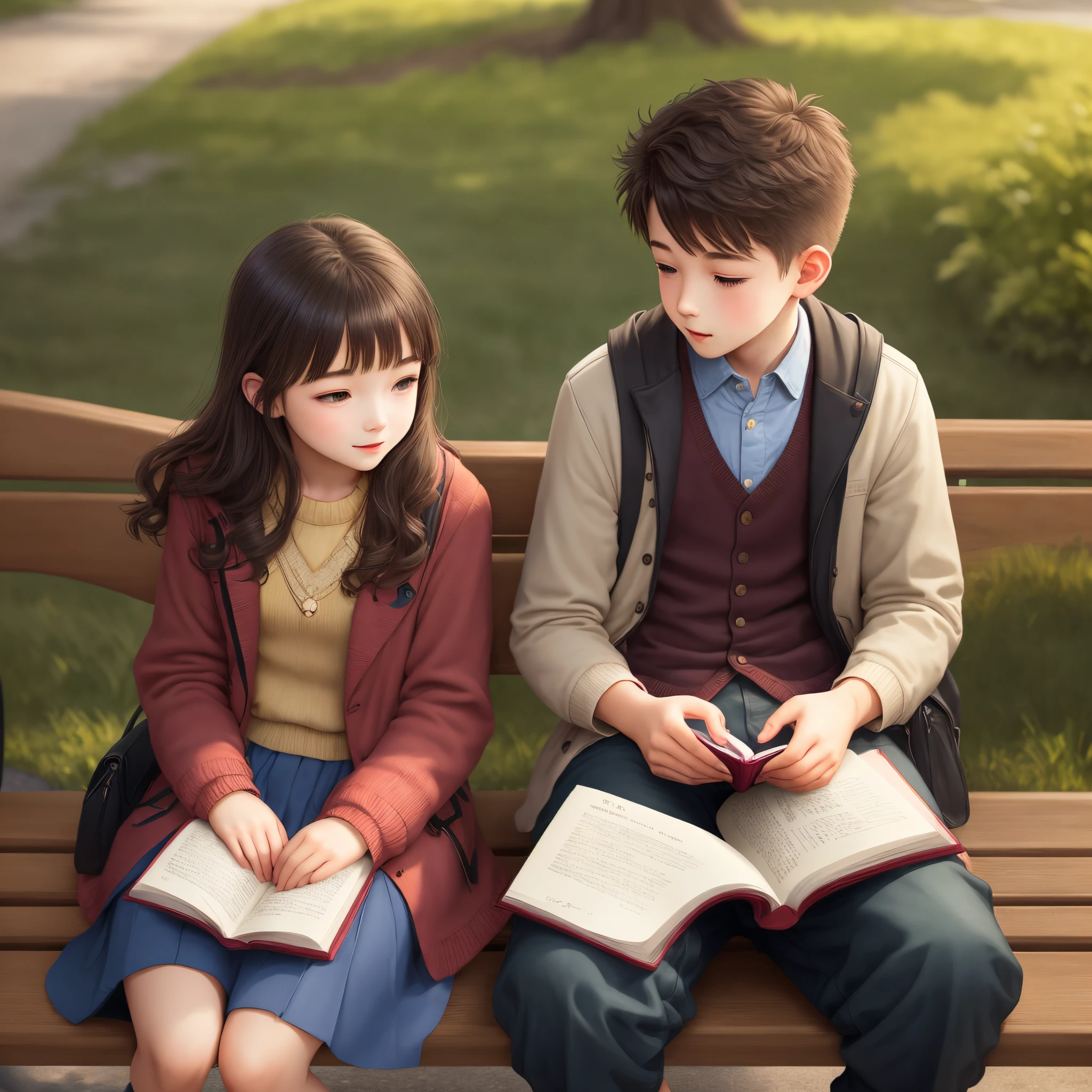 Girl sitting on the bench giving book to the boy