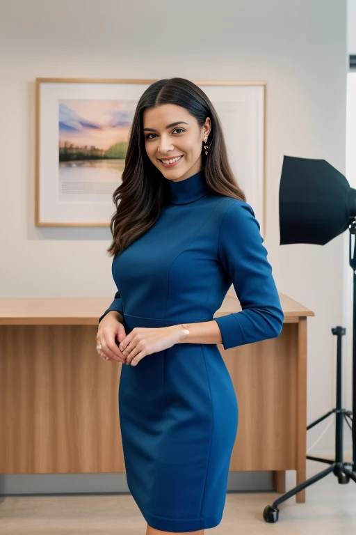 A professional photographic image of A beauty business woman standing in front of office, wearing a sophisticated dark casual dress, looking directly at the camera, highlighting his expressive face and her elegance, highly detailed, elegant, pinterest, artstation, smooth, sharp focus, 8k, full shot, 105mm portrait lens, holding pen, (holding pen), film grain, Fujifilm XT3 photorealistic painting art by midjourney and greg rutkowski, upper body, in camera studio with 3 flash, soft lighting, masterpiece, (blue, black, brown color palette), (smilling), (smilling face), (perfect hands: 1.4), (standing), candid pose holding paper looking above, not looking at camera, hands bring paper, ((paper document))