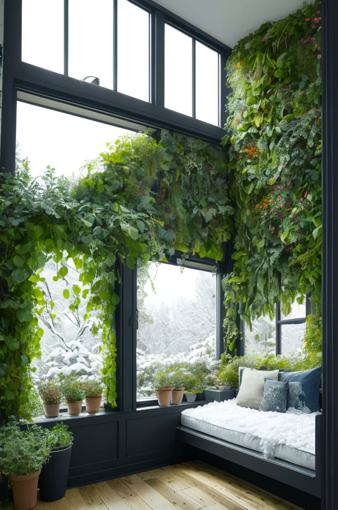 Home with indoor living walls and  beautiful garden inside,  outside looking out the windows it's snowy winter