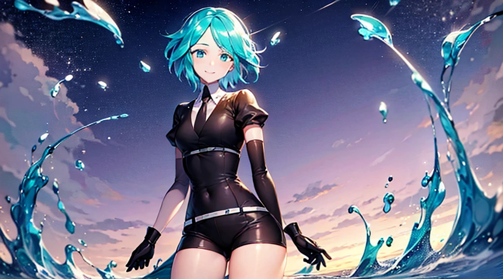 best quality, High quality, 8K, attention to details, phos, 1girl, thick thigh, Short hair, tight pants, shor pants, smile, under shot, large breasts