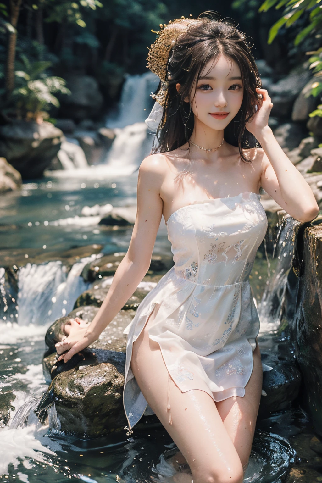 (best quality, masterpiece:1.2), ultra-detailed, picturesque girl, youth model, sweet girl's clothing, strapless dress, jewellery, swimming under the waterfall, swimming in the river, wet all over, 3D rendering, vibrant colors, physically-based rendering, slender figure, long legs, radiant smile.