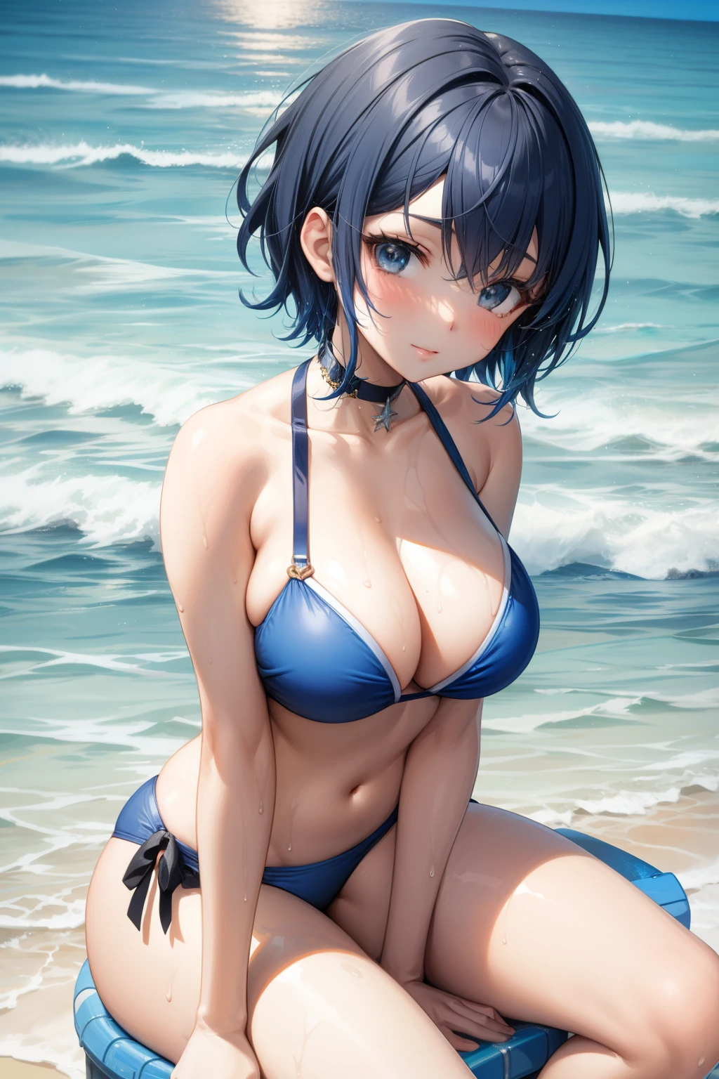 Cute girl on the beach, Swimwear, Big breasts, Blue hair, short hair, Sitting on the beach, Water is running underneath, Water underneath