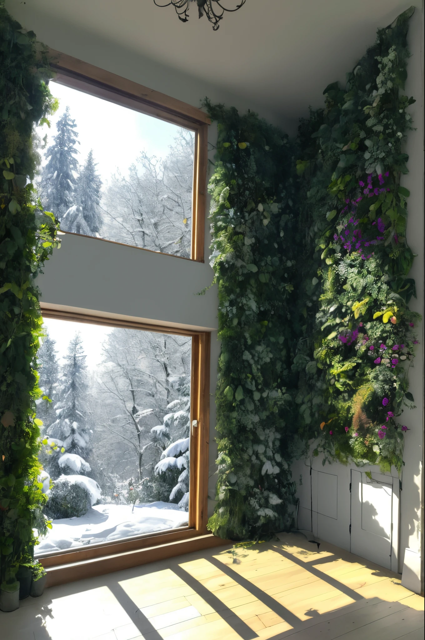 Home with indoor living walls and  beautiful garden inside,  outside looking out the windows it's snowy winter