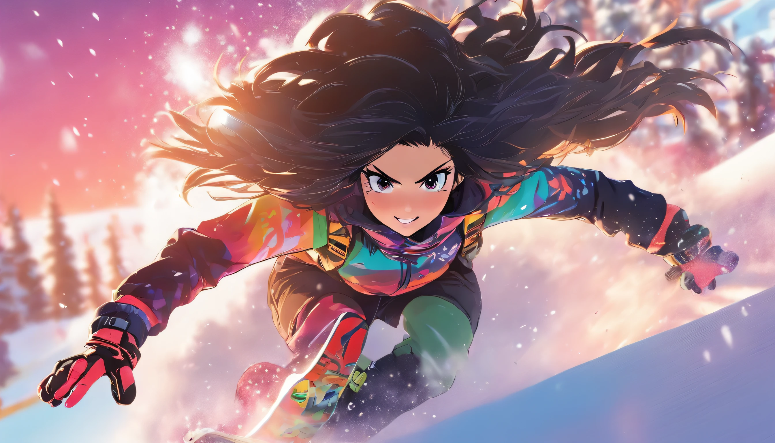 A beautiful girl with long black hair runs down a snowy slope on a snowboard.、masutepiece、best composition、Photorealsitic