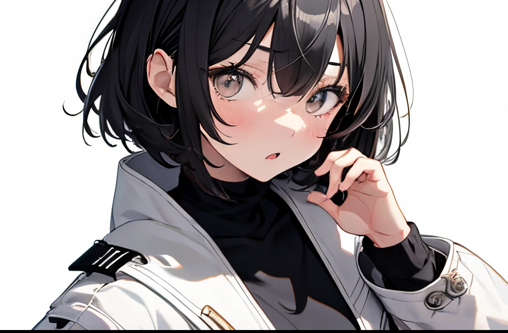 【Highest Quality, masutepiece】 [girl, Manteau, expressioness, brown eyes, front facing, Black hair, Slender beauty,straight haired, Bery short hair ,Upper body] (Gray white background:1.5), Surprised,