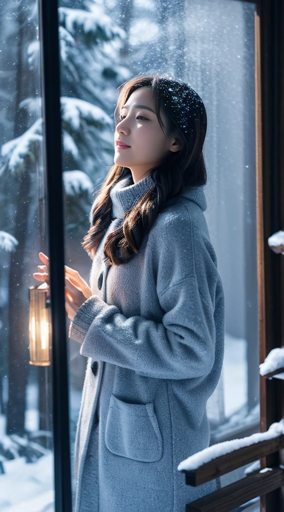 Use artificial intelligence to create high-quality images, Featuring advanced levels of detail and cinematic style. Imagine being in a snowy night scene,An elegant Asian woman walks slowly through the snow。She wore a gorgeous dark blue gown,Long hair draped over the shoulders,Fluttering slightly。Her face was as white as snowflakes in the moonlight,Eyes shining with tranquility and gentleness。
woman's feet,Snowflakes drift gently with every step,left deep footprints。She looked up at the stars,The eyes reveal awe of nature and intoxication with beauty。Holding a white snowflake in hand,It seems to complement her temperament。
A soft light shines from the cabin behind the woman,Light gauze curtains hang on the windows,The interior is warm and peaceful。Smoke rises in the night sky,Complementing the figure of a woman,Create a poetic picture。In the silence of this snowy night,Woman merges with nature,Together we write a beautiful chapter of this snowy night。