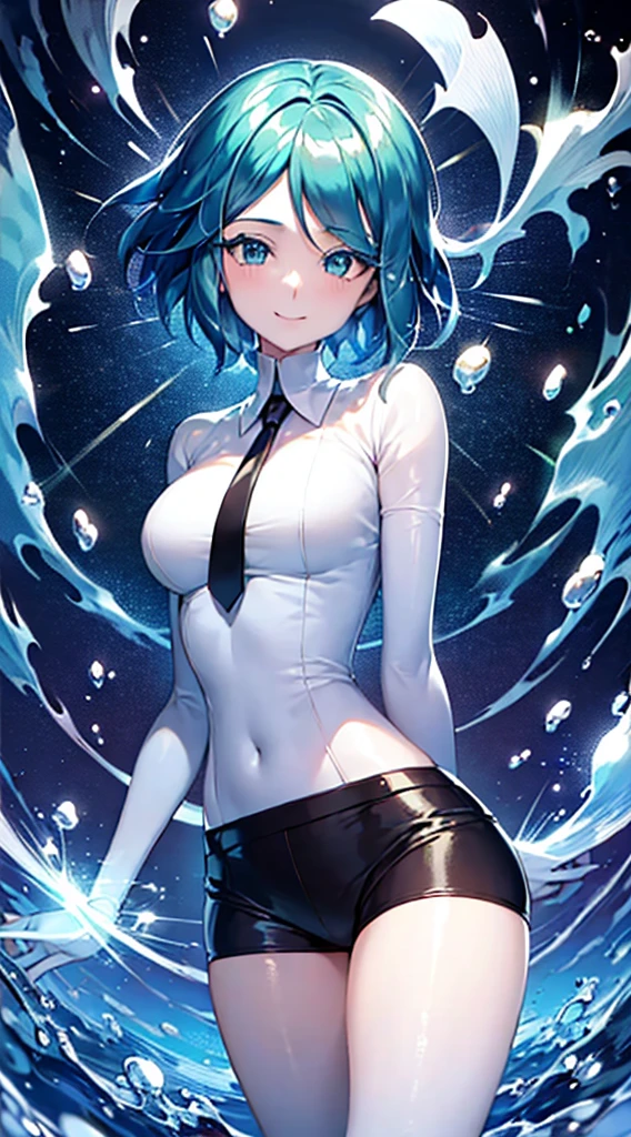 best quality, High quality, 8K, attention to details, phos, 1girl, thick thigh, Short hair, tight pants, shor pants, smile, under shot, ?????????????