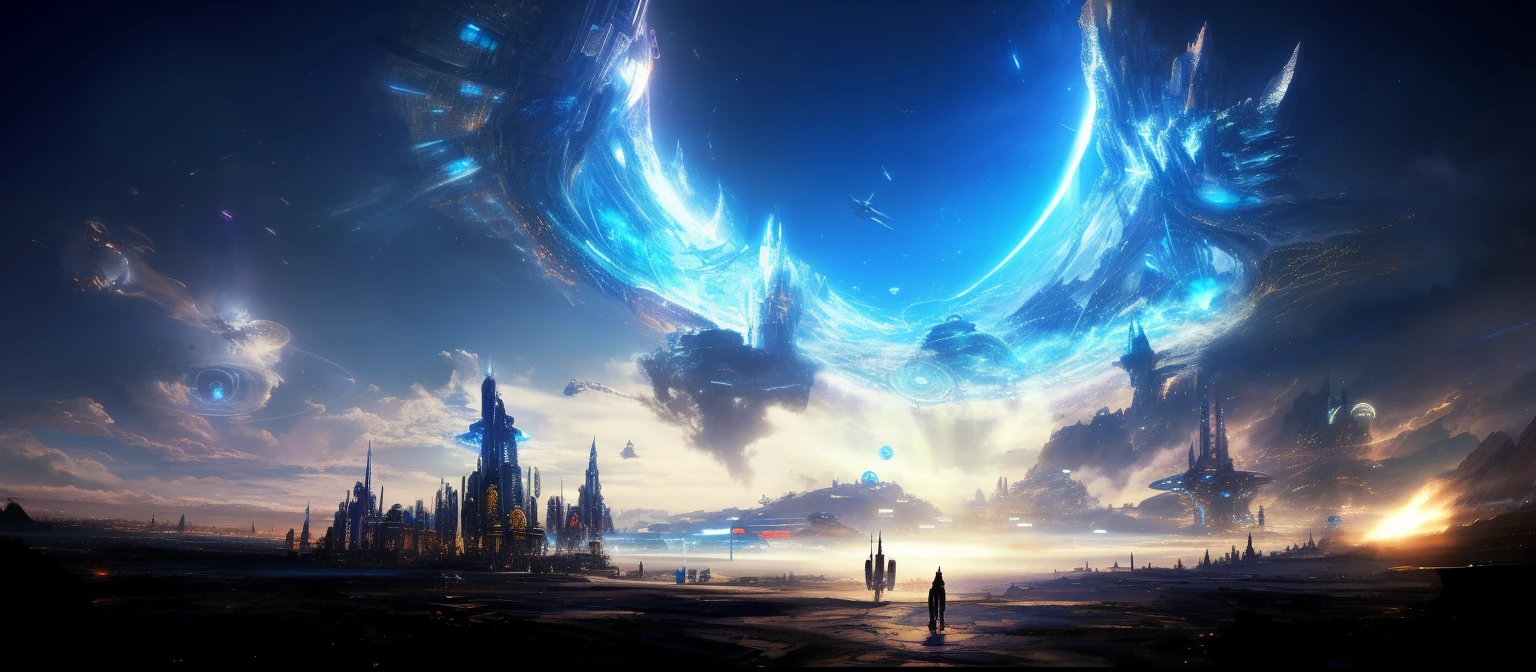 futuristic city with a giant blue ring in the sky, sci-fi fantasy wallpaper, sci-fi fantasy desktop wallpaper, sci fi epic digital art, epic fantasy sci fi illustration, wide angle fantasy art, epic scifi fantasy art, mystical sci-fi concept art, beautiful sci fi art, epic beautiful space scifi, in fantasy sci - fi city, concept art wallpaper 4k