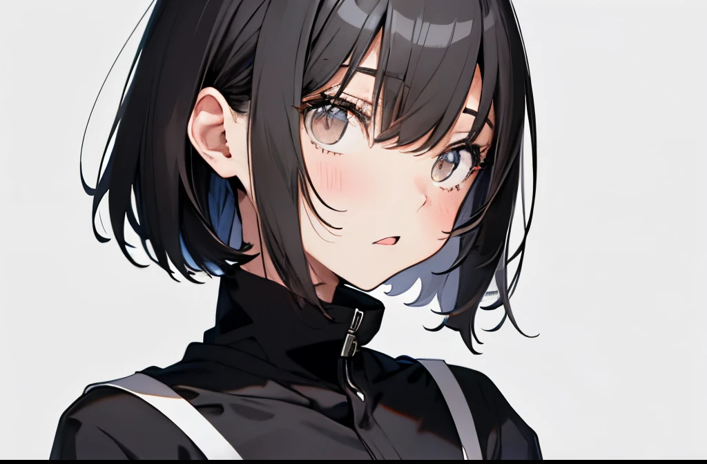 【Highest Quality, masutepiece】 [girl, Manteau, expressioness, brown eyes, front facing, Black hair, Slender beauty,straight haired, Bery short hair ,Upper body] (Gray white background:1.5), Surprised,