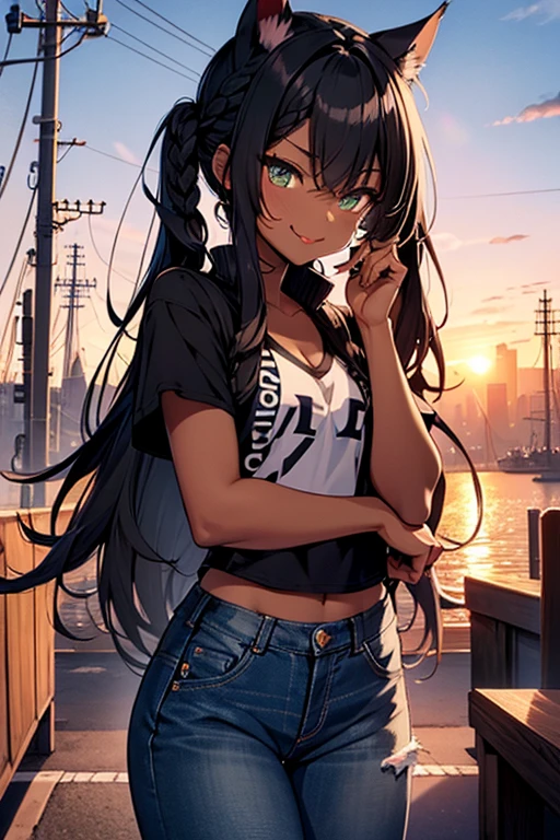 nsfw、masterpiece、best quality、super detailed dark skin、1catgirl、jadegreen eyes、dark skin、cat ears、horse tail、hair/(braided side pigtails)、flipped hair、midnight black hair、cleavage、top/(small top)、pants/(small tight torn denim hotpants)、unbuttoned pants showing pink panties、background/(sunset city-harbor)、evil smile、mischievous face expression、sticking tongue out