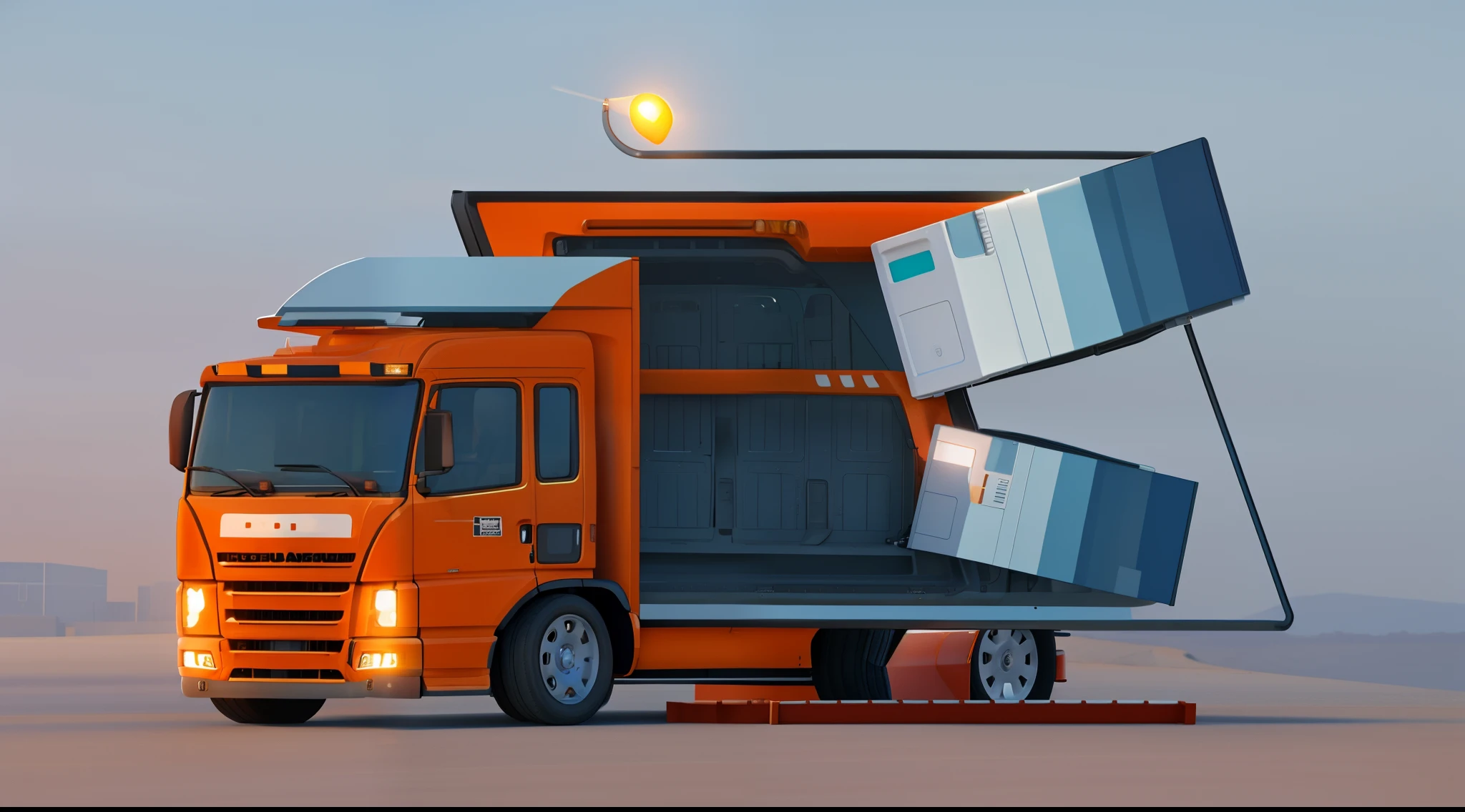 an orange truck,The carriage is in the shape of a monitor,Something flew out of the car,Overall 45° viewing angle of the car,Light blue background,3D style