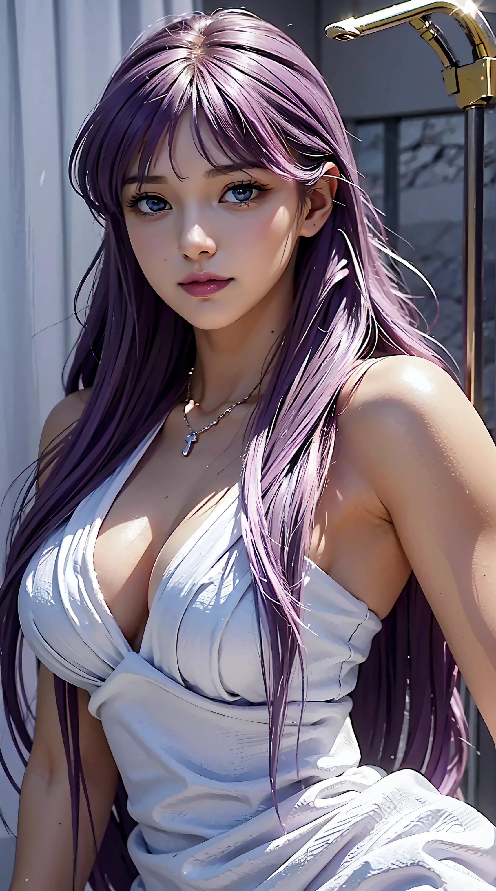 Kido_Saori, saori_accessories, staff_Nikke, purple hair, long hair, beauty, beautiful woman, perfect body, perfect breasts, using a towel, towel, white towel, in the bathroom, bathtub, shower, looking at the viewer, realism, a slight smile, masterpiece, leather textured, super detailed, high detail, high quality, best quality, 1080p, 16k