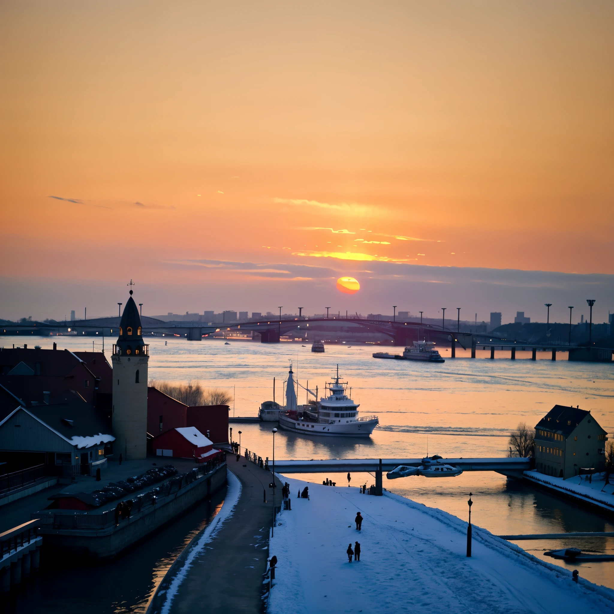 Sunset on the harbor,There are boats and a bridge in the distance, cold sunset, City of Rostov, Shot with iPhone 1 3 Pro Max, at sunrise, Shot with iPhone 1 3 Pro, Primetime shooting, On the frozen Danube, early morning sunrise, 8K)), morning sunrise, at sunrise, author:Carl Walker, Rostov