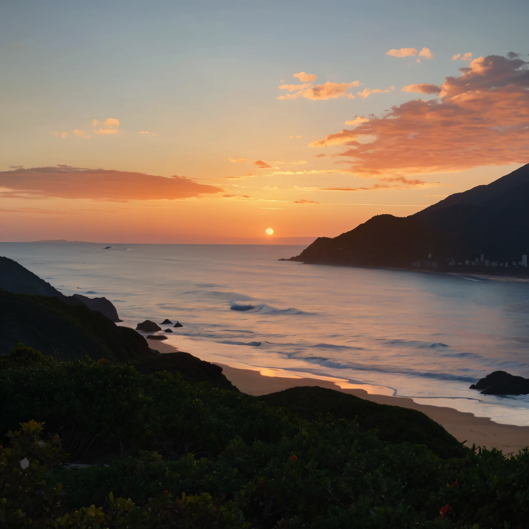 sunset on the sea，There are beaches and mountains in the distance, capes, It shows the beach at sunset, author：Felipe Seide, author：Xavier Bloom Pinto, author：Manuel Francolo, at sunrise, The most beautiful sunset, mountains and oceans, Malika Favre, author：Fernando Geraci, opinion, Lelong, author：Matteo Pérez