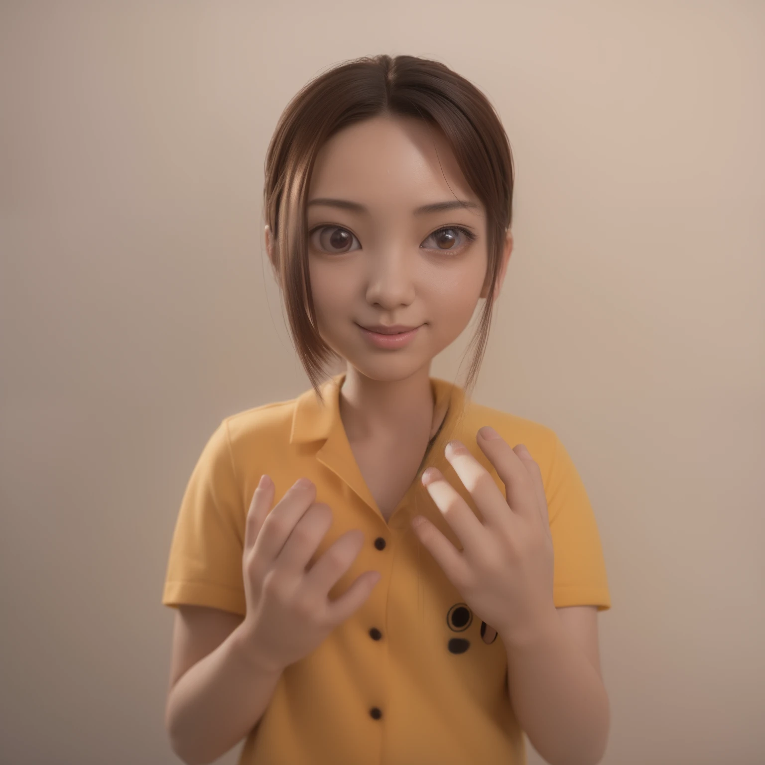 (Best quality, High resolution, Masterpiece :1.3),asian, asian girl, little smile, smile, pink lips, cartoon girl,cartoon girl with brown hair and yellow shirt making a stop gesture, render of a cute 3d anime girl, 3d anime girl, 3d character realistic, highly detailed character, animation character, 3 d character, 3d character, photorealistic anime girl render, 3 d character render, 3d model of a japanese mascot, 3 d demo reel avatar