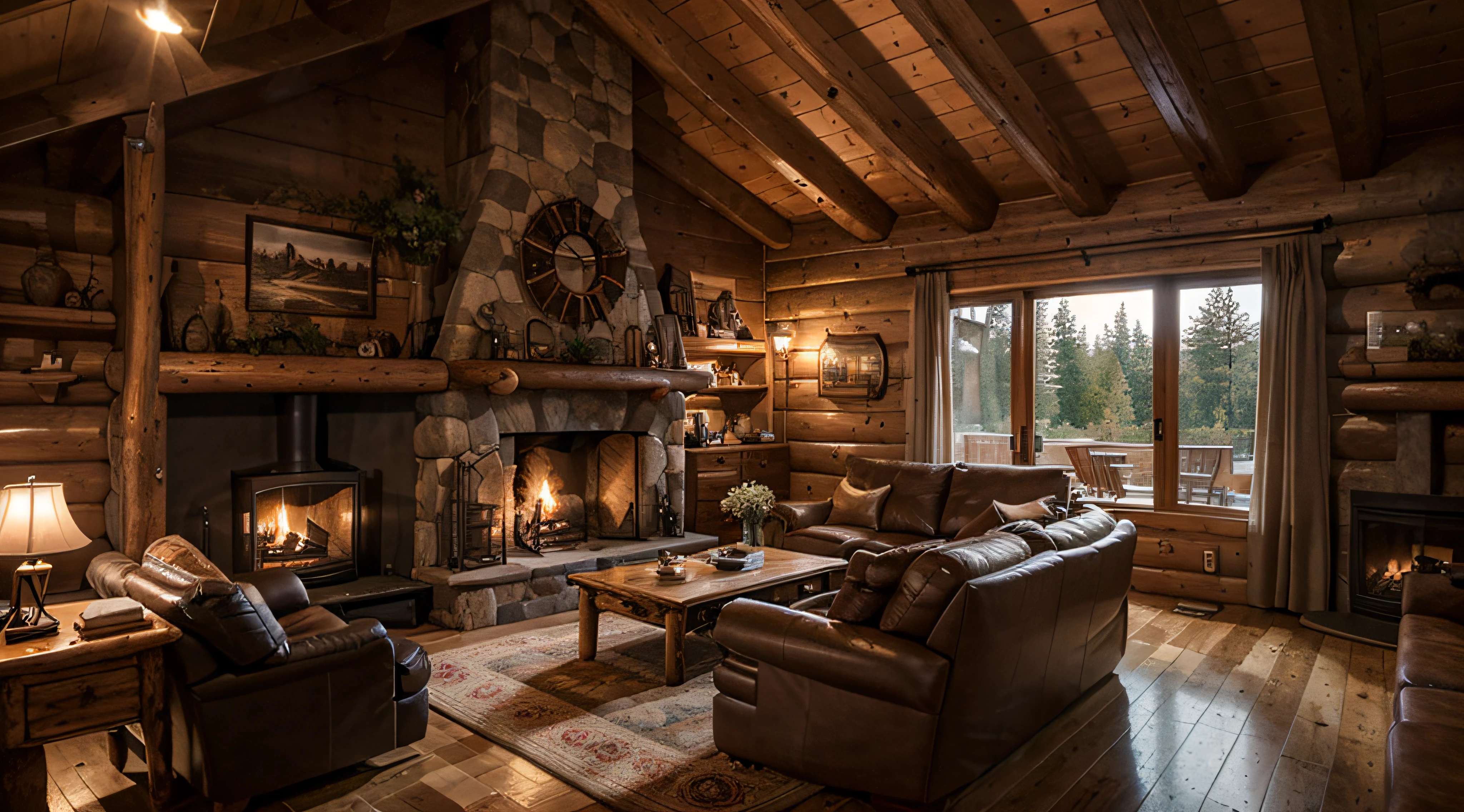 arafed living room with a fireplace and a large window, wide shot of a cabin interior, inside of a cabin, log homes, cozy setting, cozy living room, high end interior, in a cabin, cozy environment, log cabin, wood accents, warm living room, luxurious wooden cottage, pristine and clean design, modern rustic, warm interior, warm interiors, late night outside the window, dark light, ultrarealistic