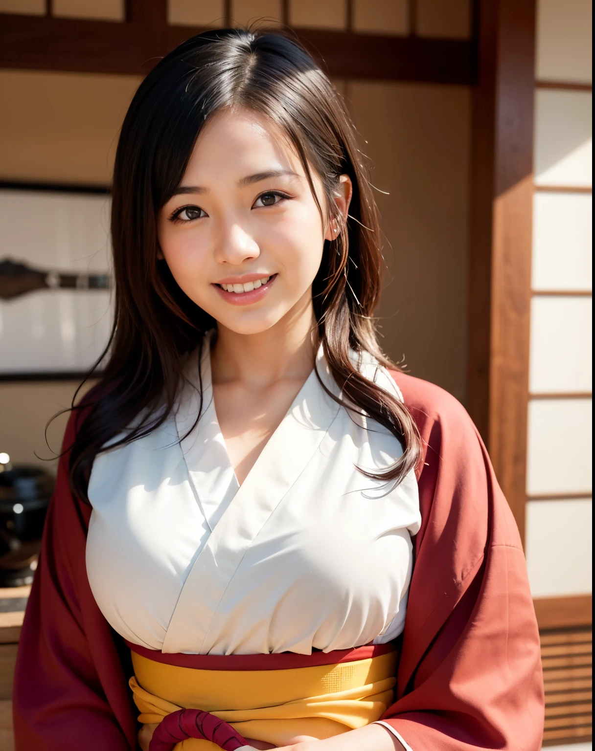 best quality, face focus, (depth of field) ,ultra high res, (photorealistic:1.4), RAW photo, Japanese-style room, alcove, hanging scroll
(portrait:1.4)
1japanese girl, solo, cute, smile, (brown eyes), natural face, (midi hair),
(kimono:1.5)