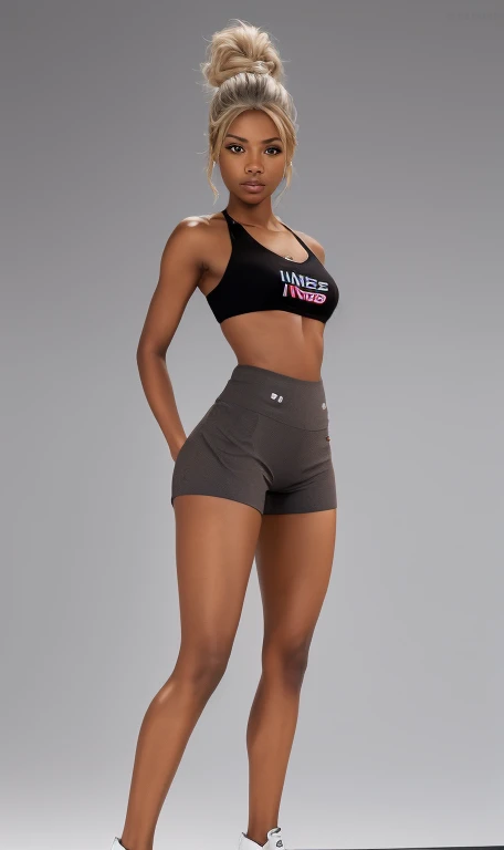 solo full shot of a very attractive ((brown skin young woman ))she is beautiful and petite wearing short leggings and a crop ((lifelike skin texture)) ((very detailed image )) she has a petite figure ((stunning eyes and a sharp nose)) a perfect ((blonde white hair))UHD, a Masterpiece,Realistic textures,(( hyper-realistic)), 8k, photorealistic, XT3 grain,Fujifilm((ines c dos santos)) standing in a (( professional lighting ))studio (sexy trending outfit )) black top and gray shorts,with Jordans